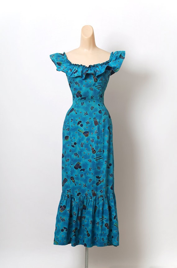Vintage 50s 60s HAWAIIAN / Dress Hola Muu Fishtail