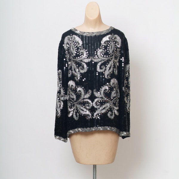 Vintage Beaded Sequin Blouse / Beaded Top / Top Cocktail beaded blouse Black / Black / Silver