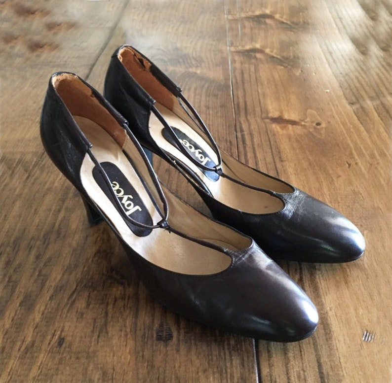 80s Joyce Heel Pumps Leather Mary Janes Vintage Shoes Brown Leather 80s joyce womens 9 pump 80s heels Mary jane shoes Pumps