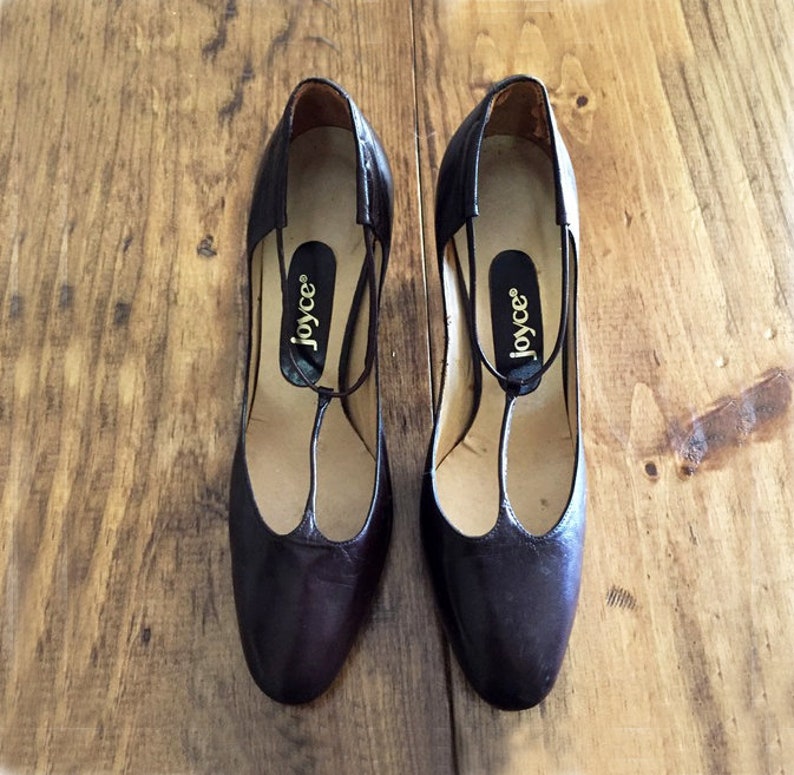 80s Joyce Heel Pumps Leather Mary Janes Vintage Shoes Brown Leather 80s joyce womens 9 pump 80s heels Mary jane shoes Pumps