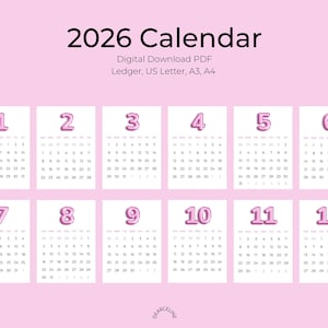 Calendário minimalista para impressão 2026 | Download digital em PDF | Calendário de parede | Ledger, Carta EUA, A3, A4 | Calendário de uma página l Calendário de balões