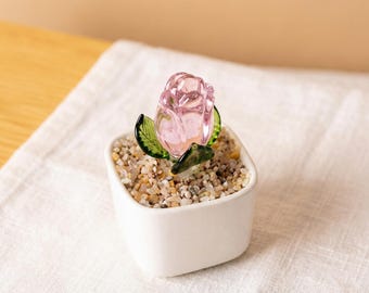 Pink Glass Rose Plant, Handmade Mini Figurine, Home Desk Decor, Girlfriend Birthday Gift