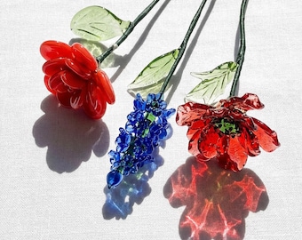 Summer Birth Glass Flower  - June Rose, July Delphinium, August Poppy,  Glass Sculptures Home Decor, Birthday Gift