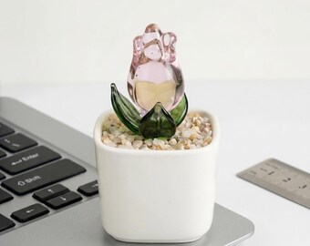Pink Glass Rose Plant, Handmade Mini Figurine, Home Desk Decor, Girlfriend Birthday Gift