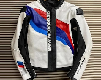 Chaqueta de cuero de carreras blanca para motocicleta BMW Motorrad: piel de vaca auténtica y protectores certificados.