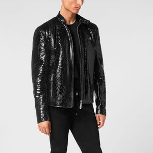Men's Black Python Embossed Cowhide Leather Jacket Glossy Snakeskin Moto Jacket
