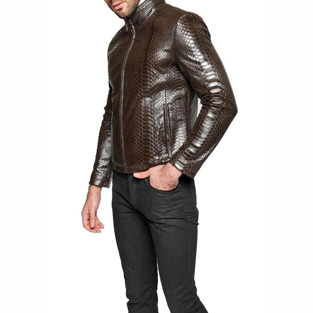 Python Embossed Texture On Leather Men's Dark Brown Snake Embossed Leather Jacket | Genuine Cowhide Python ...