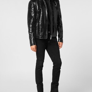 Men's Black Python Embossed Cowhide Leather Jacket Glossy Snakeskin Moto Jacket