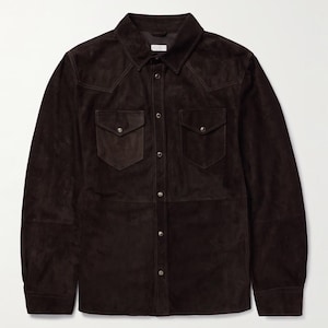 Brunello Cucinelli Dunkelbraune Wildleder Western-Hemdjacke | Leder Overshirt | Luxus-Herrenbekleidung