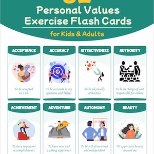 May include: An educational graphic with the text "82 Personal Values Exercise Flash Cards for Kids & Adults." The cards feature illustrations and words like "Acceptance," "Accuracy," and "Achievement." The bottom reads "Ready to Print" and "Ready to Learn."