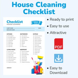May include: A blue and white house cleaning checklist with sections for the kitchen, bathroom, living room, bedroom, and extras. The checklist includes cleaning tasks and a graphic of cleaning supplies.