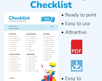 Plantilla de lista de verificación para la limpieza del hogar, semanal, mensual, habitación por habitación (descarga digital)