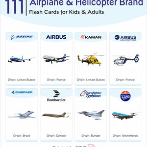 Pode incluir: Um PDF imprimível com 111 cartões de memória de aviões e helicópteros para crianças e adultos. Os cartões apresentam várias marcas de aeronaves, incluindo Boeing, Airbus, Kaman, Embraer, Bombardier e Fokker. Prontos para imprimir e aprender.