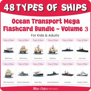 Puede incluir: Un conjunto de tarjetas didácticas titulado "48 Tipos de Barcos" con ilustraciones de varios barcos, incluyendo el RMS Titanic, Santa Maria y USS Arizona. Es parte del "Ocean Transport Mega Flashcard Bundle - Volume 3" para niños y adultos.