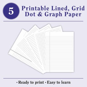 Puede incluir: Una colección de cinco diseños de papel imprimibles, incluyendo papel rayado, cuadriculado, punteado y gráfico. El texto dice "Printable Lined, Grid, Dot & Graph Paper" y "Ready to print • Easy to learn."
