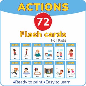 Tarjetas imprimibles de verbos de acción para preescolar (Descarga PDF en formato A4 y 3x5/4.2x7")