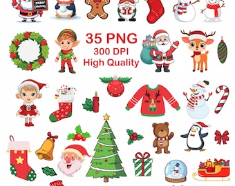May include: A collection of 35 PNG Christmas-themed illustrations. Includes Santa Claus, snowmen, reindeer, elves, ornaments, a Christmas tree, and the text "Merry Christmas". High quality, 300 DPI.