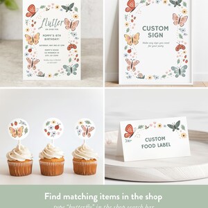 Op de afbeelding: Een set met printbare feestversiering met een vlinderthema. De set bevat een verjaardagsuitnodiging, een aangepast bord, een voedseletiket en cupcaketoppers. De versiering is in een pastelkleurenpalet met bloemmotieven.