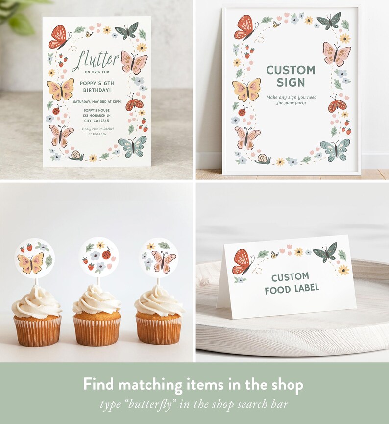 Op de afbeelding: Een set met printbare feestversiering met een vlinderthema. De set bevat een verjaardagsuitnodiging, een aangepast bord, een voedseletiket en cupcaketoppers. De versiering is in een pastelkleurenpalet met bloemmotieven.