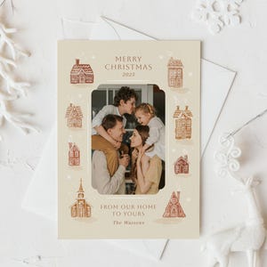 Gingerbread House Christmas Card, Family Photo Custom Template, Holiday Watercolor Village, Neutral Christmas, Digital Download
