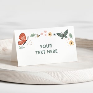 Etiqueta de comida de aniversário de borboleta, modelo editável de jardim de menina, decoração de festa de cartão de tenda para impressão, download digital
