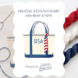 May include: Digital stitch chart for a USA Boat & Tote design. The image features a pixelated illustration of a tote bag with the word "USA" on it, and a red, white, and blue striped accent. The design is by Jamie Bartlett.