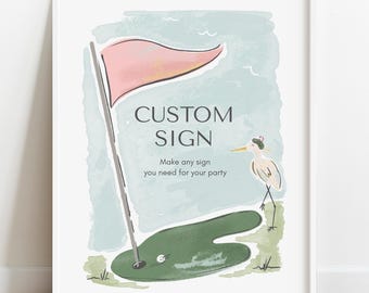 Puede incluir: Un cartel enmarcado en blanco con una ilustración de acuarela de un campo de golf con una bandera, un green y un pájaro. El texto en el cartel dice "CUSTOM SIGN Make any sign you need for your party."