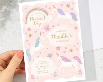 May include: Pink invitation with a unicorn theme for a 6th birthday party. The invitation features a rainbow, stars, butterflies, and two unicorns. The text on the invitation reads "Join us for a Magical Day to celebrate Matilda's 6th Birthday!"  Saturday, Aug. 26th 1-3pm, 1234 Rainbow Rd., City, CO 12345, RSVP to Lisa at 123-456-7890.