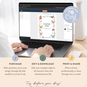 Op de afbeelding: Een laptopscherm waarop een aanpasbare sjabloon voor een bord wordt weergegeven met een vlinderrand. Het bord zegt "Custom Sign" en heeft een bloemmotief. De tekst "Personalize with Corjl" staat in een cirkel met een tandwielpictogram.