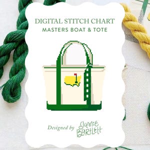 May include: Digital stitch chart featuring a pixelated design of a Masters Boat & Tote bag. The bag is off-white with green handles and a yellow and green logo. The text "DIGITAL STITCH CHART MASTERS BOAT & TOTE" is at the top. Designed by Jamie Bartlett.