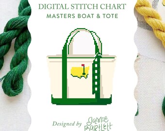 Masters Boat & Tote | Gingham Handkerchief | Digital Needlepoint Chart | Augusta-Inspired Golf PDF Pattern | 18 Mesh