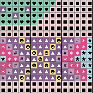 May include: A colorful cross-stitch pattern featuring various shapes and symbols. The design includes hearts, triangles, squares, stars, hashtags, and smiley faces in a grid-like arrangement. The color palette consists of pink, purple, green, black, and yellow.