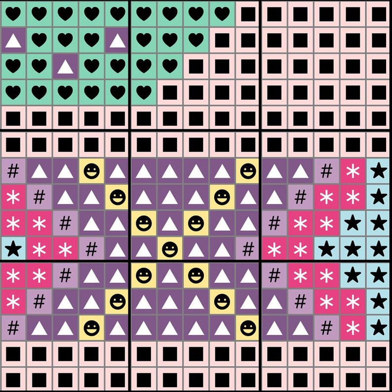 May include: A colorful cross-stitch pattern featuring various shapes and symbols. The design includes hearts, triangles, squares, stars, hashtags, and smiley faces in a grid-like arrangement. The color palette consists of pink, purple, green, black, and yellow.