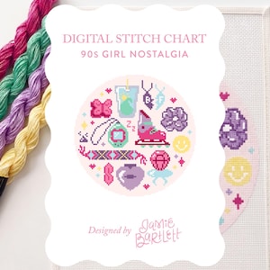 May include: A digital stitch chart with a 90s girl nostalgia theme. The design features pixelated images of a butterfly, drink, necklace, roller skate, and other 90s icons. The chart is on a white background with colorful embroidery floss.
