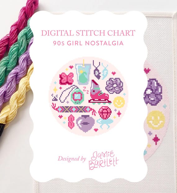 90s Girl Nostalgia Needlepoint Chart, 90s Kid Era Digital Pdf Pattern, Retro Round ornament, 18 Mesh