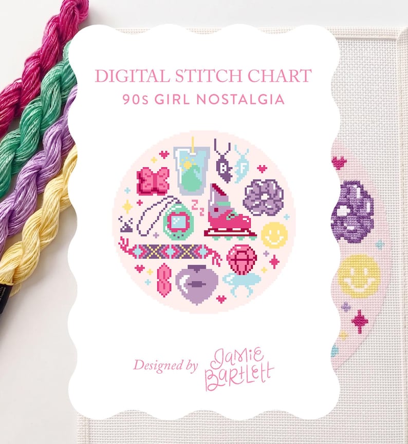 May include: A digital stitch chart with a 90s girl nostalgia theme. The design features pixelated images of a butterfly, drink, necklace, roller skate, and other 90s icons. The chart is on a white background with colorful embroidery floss.