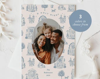 O Holy Night Christmas Photo Card, Holiday Photo Card, Toile Pattern, Custom Template, Classic Christmas, Digital Download, Religious Card