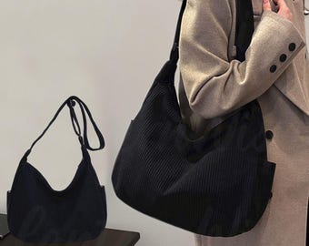 Minimalist Corduroy Shoulder Bag — Zippered Crossbody Bag, Retro Fabric Bag For Women, Lightweight Solid Color Travel Pursem, Daily Handbag