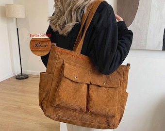 vintage multi-poches en velours côtelé à bandoulière et nom personnalisable brodé, grand sac à main quotidien, sac à main décontracté, cadeau de Noël