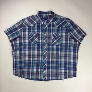Vintage Wrangler Western  Button Up Shirt / Plaid Pattern / Rodeo Cowboy Wear / 2XL Blue