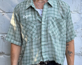Camisa corta vintage Roguehaus de cuadros verdes con botones, talla XL