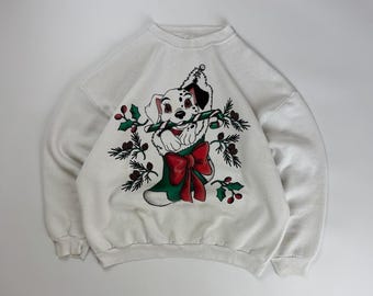 Vintage 101 Dalmatiner Tröja / Disney Graphic Crewneck / Jul XL Vit
