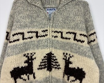 Vintage 1970s Kanata Hand Knit Cowichan Sweater - Reindeer Graphic