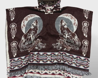Vintage Wolf Print Pancho - XL - Brown Blanket Sweater