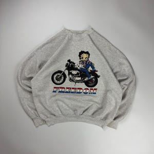 Vintage Betty Boop Sweatshirt / American Freedom Graphic Crewneck / Motorcycle Bike / Pullover Sweater / XL Gray