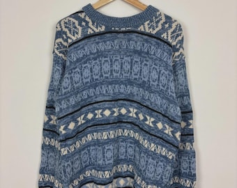 Vintage 1990s Chic Knit Sweater / Blue Patterned Pullover / Size Large