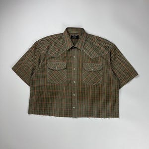 Vintage Grand Canyon Plaid Cropped Button Up Shirt / Boxy Fit / Large Brown