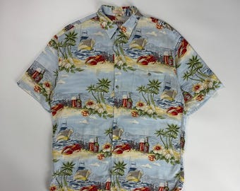 Vintage Campia Moda Button Up Shirt / Large Blau / Tropisch Hawaiian Floral