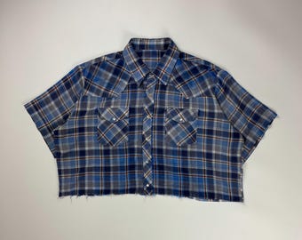 Vintage Fransen Karo Crop Top: Western Pearl Snap Shirt - S