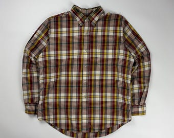 Camisa a cuadros con botones, modelo universitario vintage, marrón grande, cuello estampado y botones